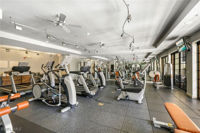 exercise room with ceiling fan and rail lighting