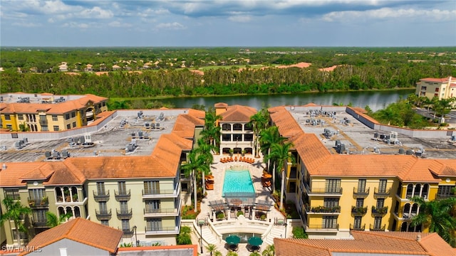 drone / aerial view with a water view and a view of trees