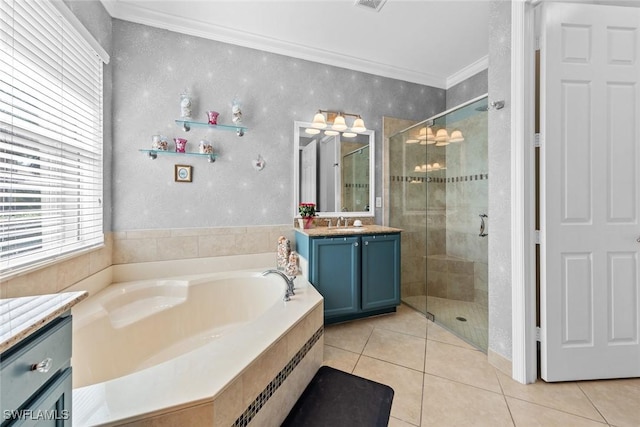 full bathroom featuring vanity, a bath, tile patterned floors, a stall shower, and crown molding