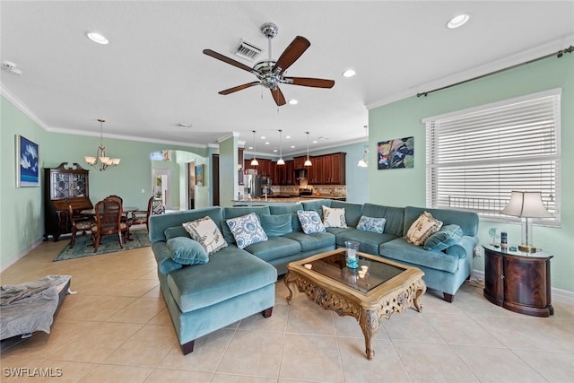 living room featuring light tile patterned floors, visible vents, crown molding, and recessed lighting