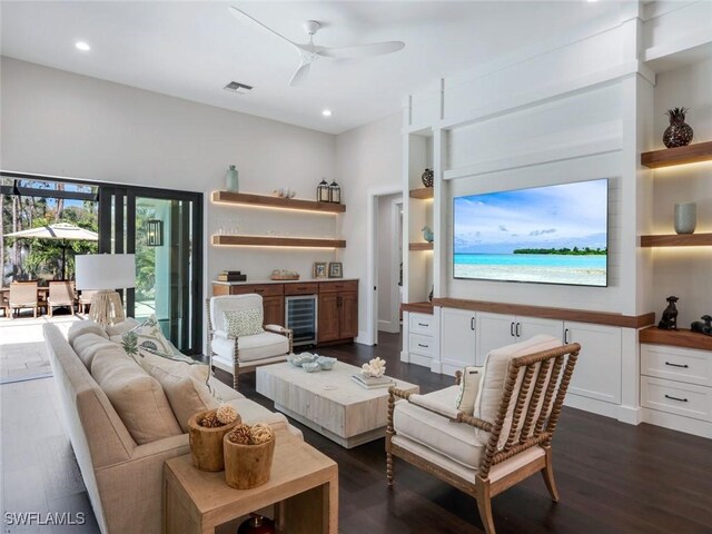 living area with a ceiling fan, dark wood-style flooring, visible vents, and recessed lighting