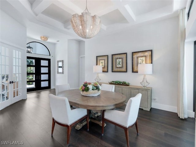 dining area featuring dark wood-style floors, french doors, coffered ceiling, and an inviting chandelier