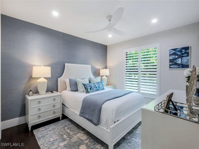 bedroom with a ceiling fan, baseboards, dark wood-type flooring, and recessed lighting