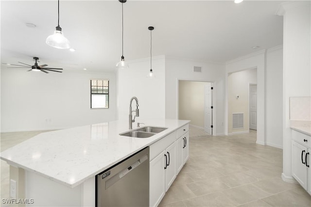 kitchen with visible vents, crown molding, stainless steel dishwasher, pendant lighting, and a sink