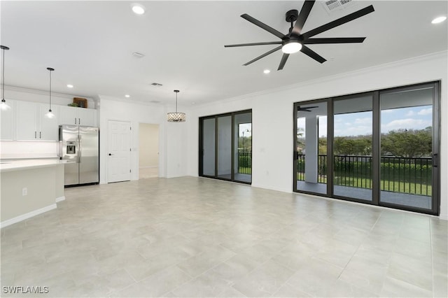 unfurnished living room with recessed lighting, visible vents, ornamental molding, ceiling fan, and baseboards