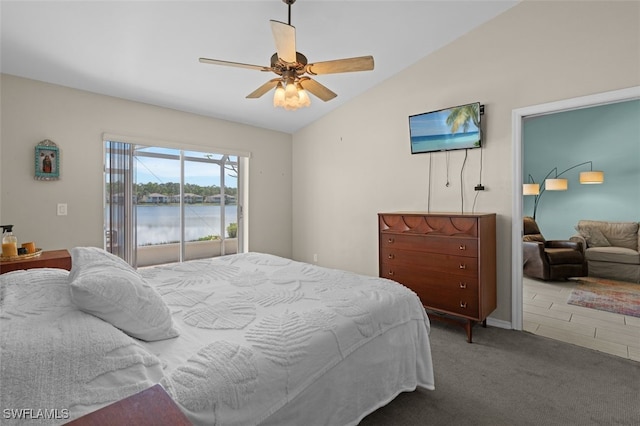 bedroom featuring access to exterior, lofted ceiling, carpet flooring, and ceiling fan