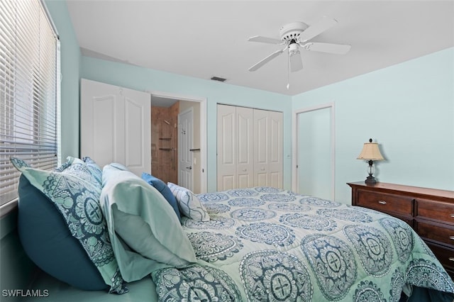 bedroom featuring ceiling fan, visible vents, and a closet