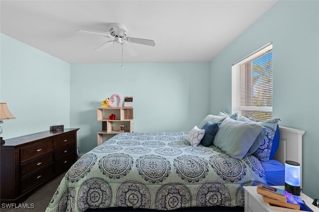 bedroom with dark carpet and ceiling fan