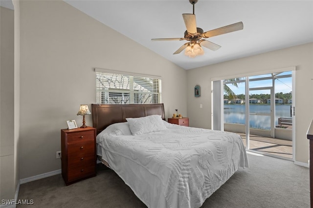 carpeted bedroom with a water view, vaulted ceiling, ceiling fan, access to outside, and baseboards