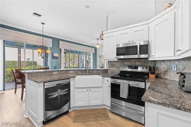 kitchen featuring a peninsula, a sink, visible vents, white cabinetry, and appliances with stainless steel finishes