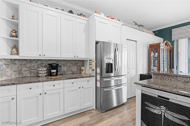 kitchen featuring open shelves, ornamental molding, white cabinets, and stainless steel fridge with ice dispenser