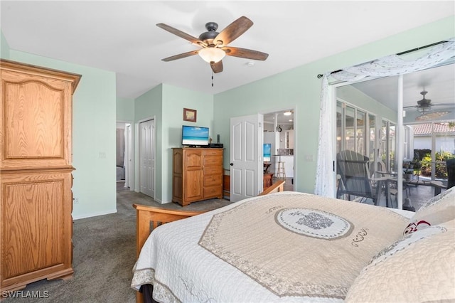 bedroom with baseboards, a ceiling fan, a sunroom, access to outside, and carpet floors