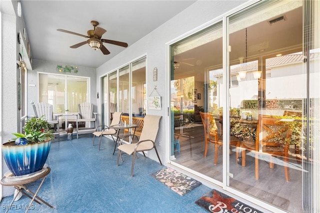 sunroom / solarium featuring visible vents and a ceiling fan