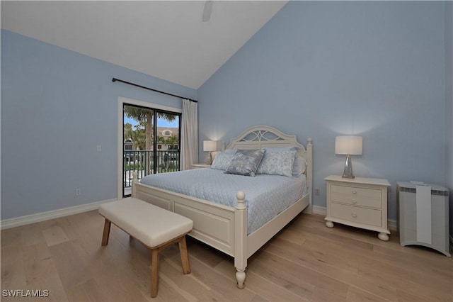 bedroom featuring radiator, access to exterior, baseboards, and light wood finished floors