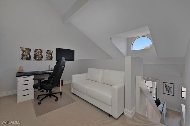 office with high vaulted ceiling, beamed ceiling, carpet flooring, and baseboards