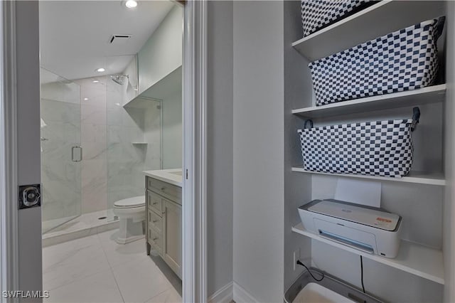 full bath with toilet, recessed lighting, visible vents, vanity, and a stall shower