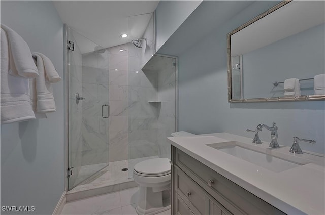 bathroom featuring toilet, a shower stall, recessed lighting, and vanity