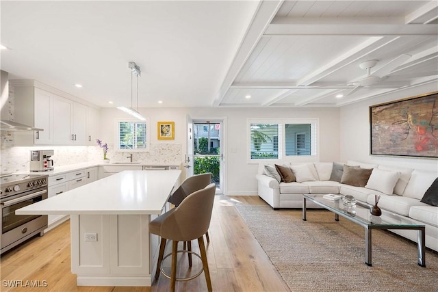 kitchen with white cabinets, open floor plan, stainless steel range with electric cooktop, backsplash, and light wood finished floors