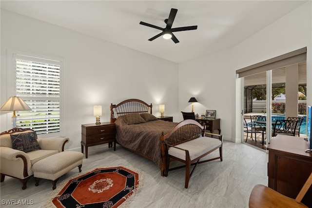 bedroom with ceiling fan, access to outside, and baseboards