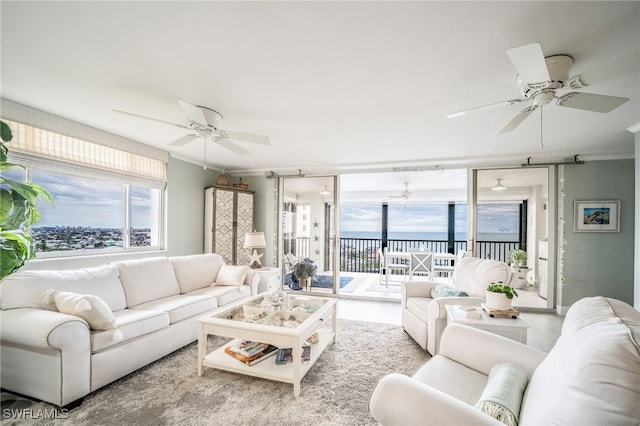 living area with ceiling fan, expansive windows, and ornamental molding