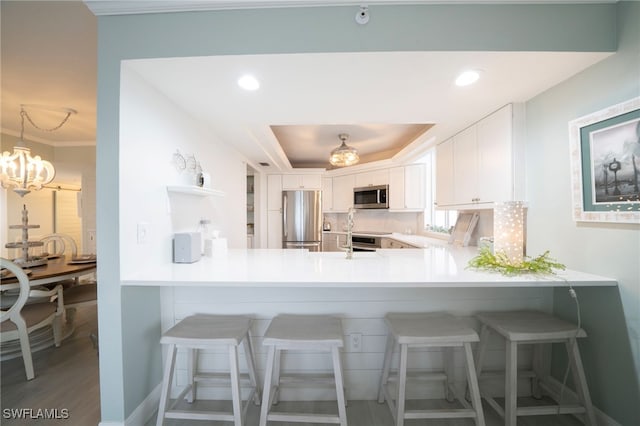 kitchen with white cabinets, a peninsula, a tray ceiling, and stainless steel appliances