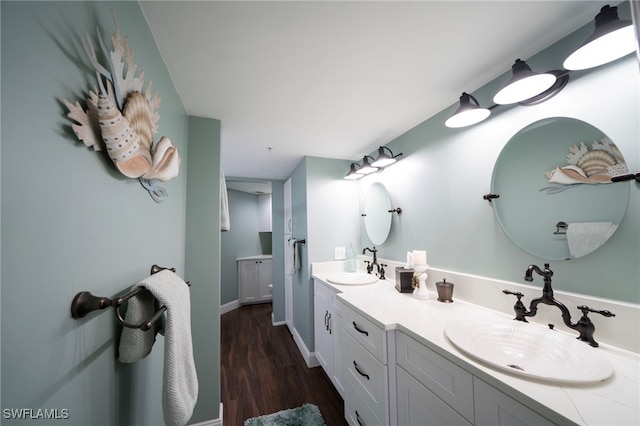 bathroom featuring double vanity, baseboards, a sink, and wood finished floors