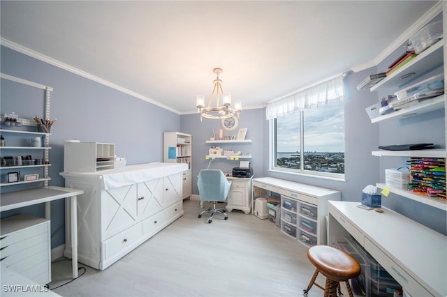 office with a notable chandelier, light wood finished floors, and crown molding