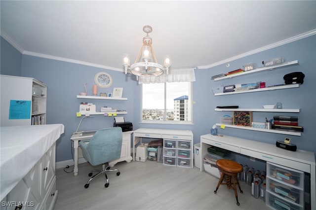 office space featuring ornamental molding, light wood-type flooring, and a notable chandelier