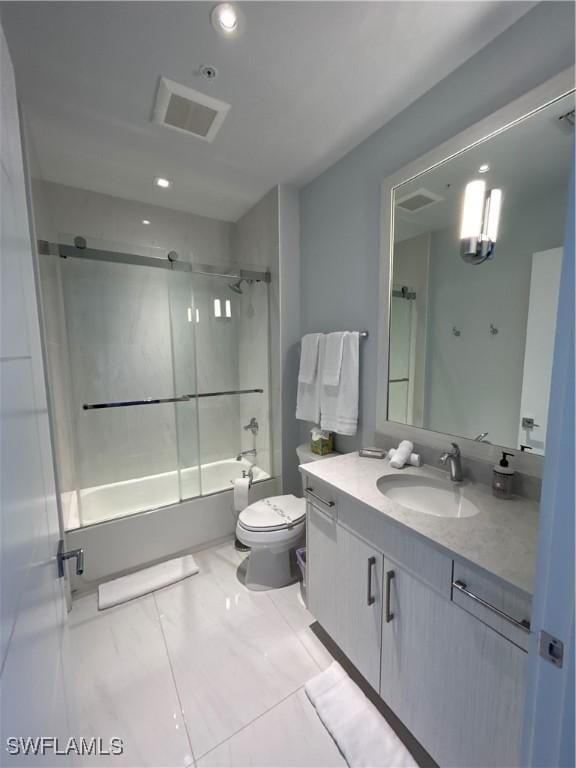 full bathroom with recessed lighting, visible vents, toilet, enclosed tub / shower combo, and vanity