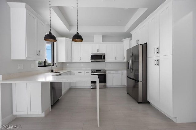 kitchen with a sink, stainless steel appliances, white cabinets, light countertops, and a raised ceiling