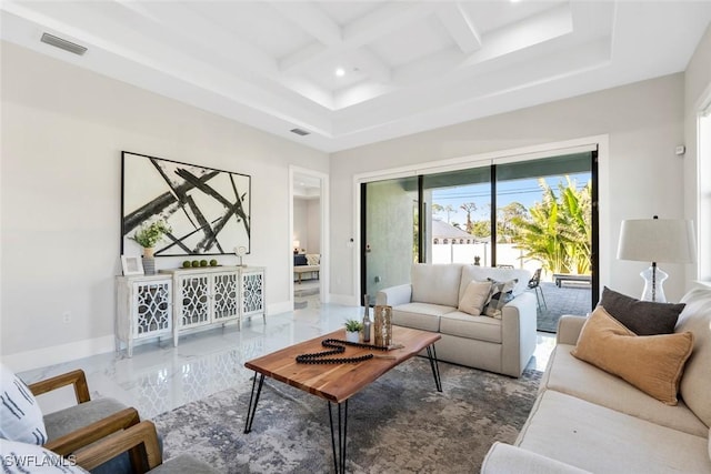 living room featuring marble finish floor, coffered ceiling, visible vents, and baseboards