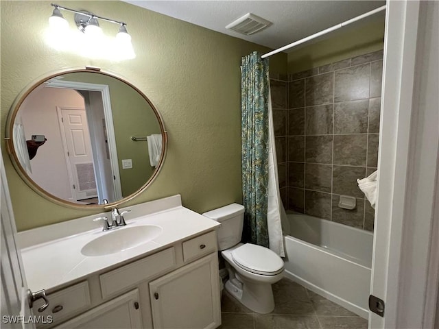 full bath featuring visible vents, toilet, shower / tub combo with curtain, tile patterned flooring, and vanity