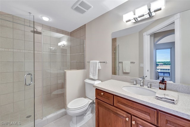 bathroom with tile patterned flooring, toilet, vanity, visible vents, and a shower stall