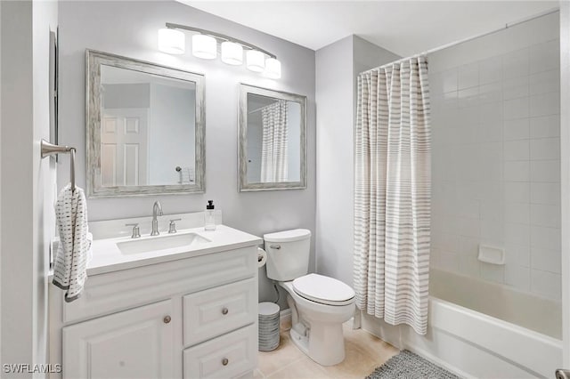 full bath with shower / bath combination with curtain, tile patterned flooring, vanity, and toilet