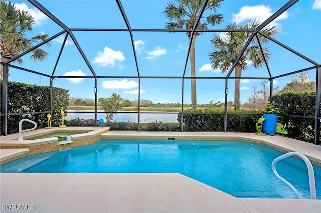 view of swimming pool featuring a pool with connected hot tub, a lanai, a water view, and a patio