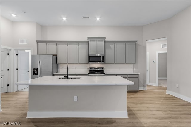1705 SW 13th St, Cape Coral, FL 33991 - kitchen with appliances with stainless steel finishes, gray cabinets, a sink, a center island with sink, and decorative backsplash