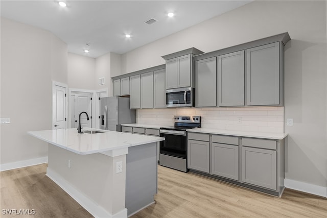 1705 SW 13th St, Cape Coral, FL 33991 - kitchen with stainless steel appliances, gray cabinets, a sink, a kitchen island with sink, and tasteful backsplash