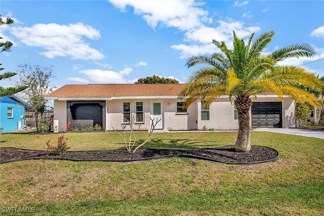 ranch-style home with driveway, a garage, a front lawn, and stucco siding