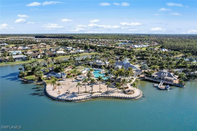 aerial view featuring a residential view and a water view