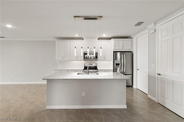 kitchen featuring a sink, white cabinetry, visible vents, appliances with stainless steel finishes, and decorative backsplash