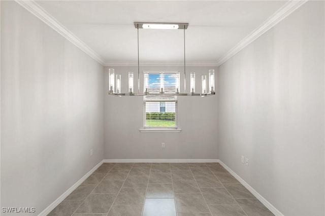 unfurnished dining area featuring baseboards, crown molding, and light tile patterned flooring