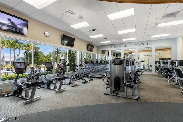 exercise room with carpet floors, a paneled ceiling, and visible vents