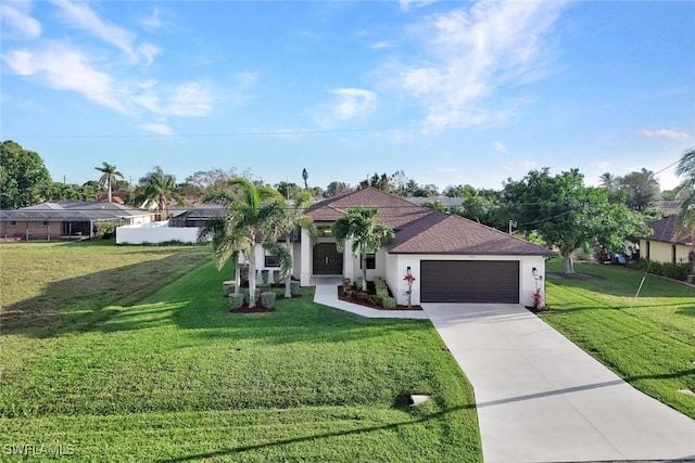 mediterranean / spanish-style house featuring driveway, stucco siding, an attached garage, and a front yard