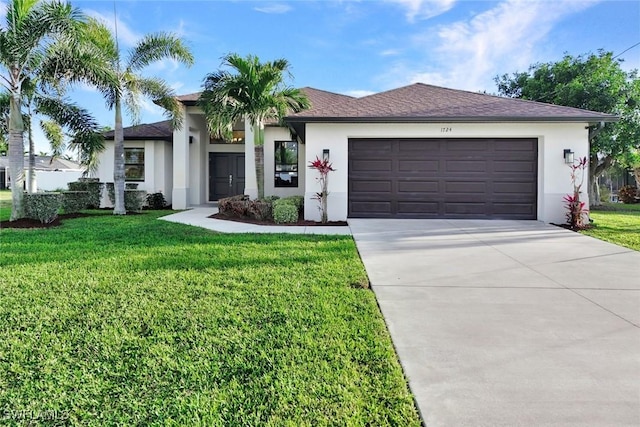 view of front of house with a front lawn, an attached garage, and stucco siding