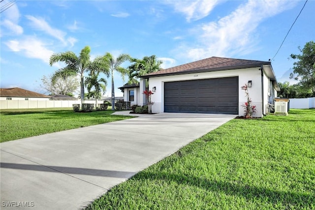 single story home featuring a front lawn, an attached garage, fence, and stucco siding