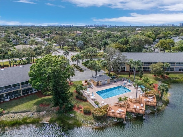 aerial view featuring a water view