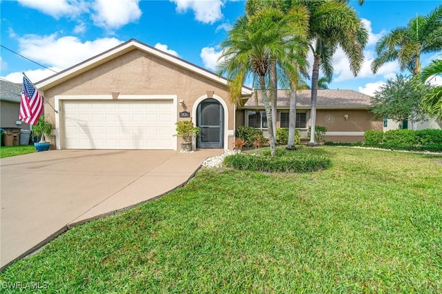 ranch-style home featuring a garage, a front yard, concrete driveway, and stucco siding