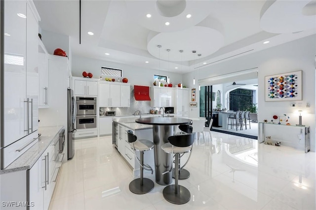 kitchen with a spacious island, backsplash, a tray ceiling, stainless steel appliances, and white cabinetry