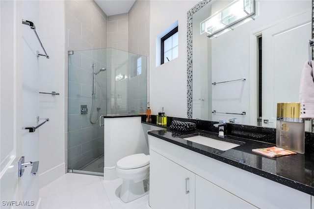 bathroom with toilet, a stall shower, vanity, and tile patterned flooring