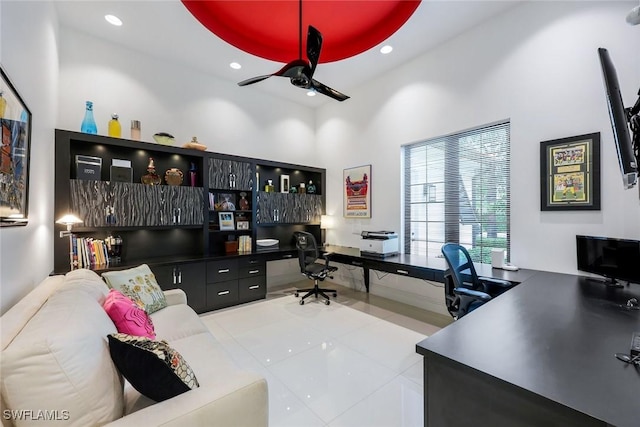 tiled home office featuring recessed lighting and ceiling fan